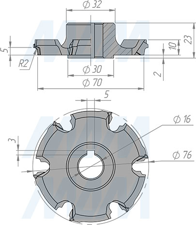 Размеры алмазной фрезы для снятия свесов D76xd16xh8 6Z R2 RH (артикул 66200900018R-R2)