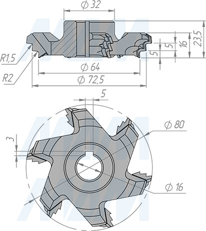 Размеры алмазной фрезы для снятия свесов D80x16 6Z R 1,5 and R2 LH (артикул 66200900019L-R2)