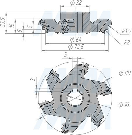 Размеры алмазной фрезы для снятия свесов D80xd16xh16 6Z R1,5 and R2 RH (артикул 66200900019R-R2)