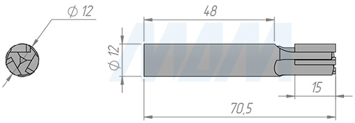 Размеры фрезы алмазной D=12, B=15, L=70, S=12, b=3, Z=3, правой, для компакт плит/HPL (артикул 66200900844R)