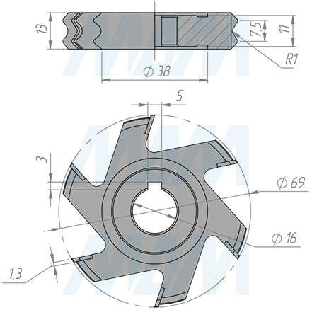 Размеры фрезы алмазной для снятия свесов D69xd16xh13 6Z R1 (артикул 6630090008-R1)