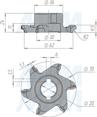 Размеры алмазной фрезы для обработки углов D70xd20xh13 6Z R2 LH (артикул 6630090017L-R2)