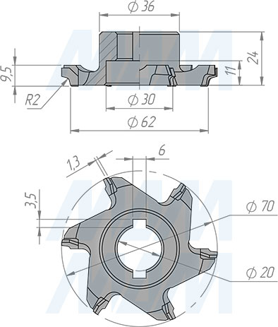 Размеры алмазной фрезы для обработки углов D70xd20xh13 6Z R2 RH (артикул 6630090017R-R2)