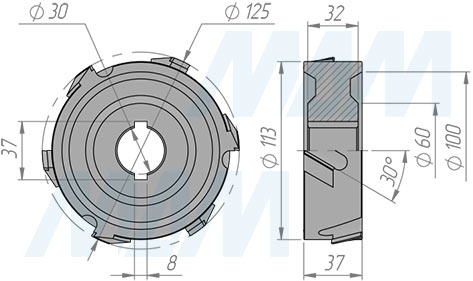 Размеры фрезы алмазной фуговальной 125x30xH35xZ3x2/S (артикул 6640006022)