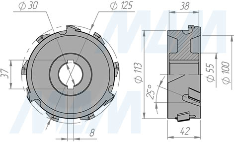 Размеры фрезы алмазной фуговальной 125x30xH40xZ3x3/AS/(LH) (артикул 6640009023L)