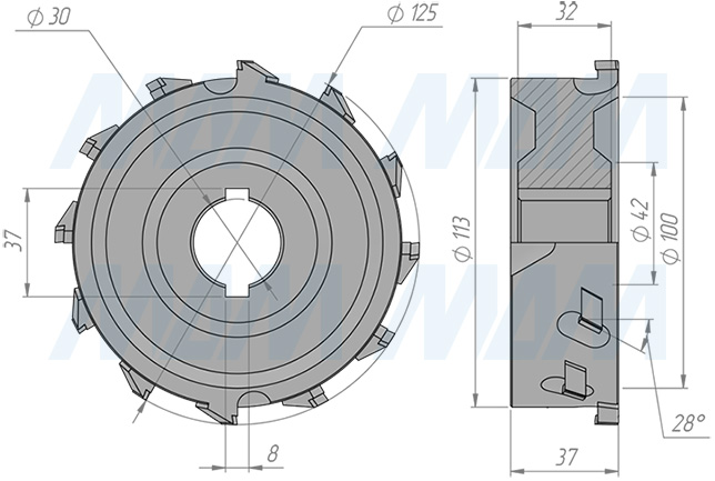 Размеры фрезы алмазной прифуговочной 125x30xH35x3(2+2)Z (артикул 6640012021)