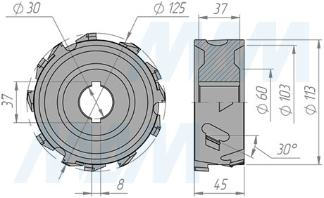 Размеры фрезы алмазной фуговальной 125х30хH43хZ3x4/S (артикул 6640012024)