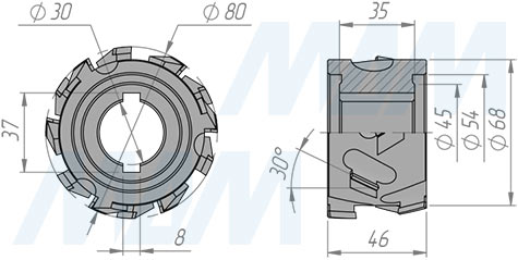 Размеры фрезы алмазной фуговальной 80x30xH43,6xZ3x4/S (артикул 6640012028)