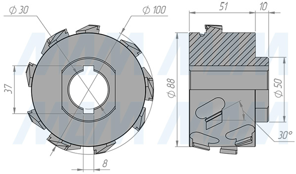 Размеры фрезы алмазной прифуговочной 100x30xH43,6x3(3+1) LH (артикул 6640012034L)