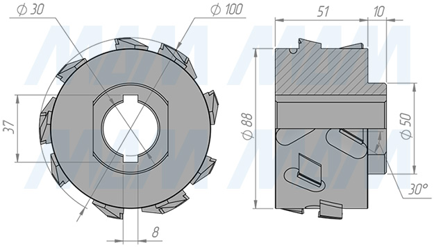 Размеры фрезы алмазной прифуговочной 100x30xH43,6x3(3+1), RH (артикул 6640012034R)