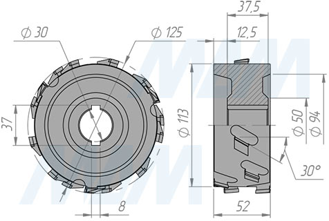 Размеры фрезы алмазной фуговальной 125x30xH50xZ3x5/AS/(RH) (артикул 6640015026R)