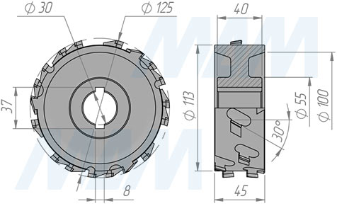 Размеры фрезы алмазной фуговальной 125x30xH43xZ3x6/AS/(RH) (артикул 6640018025R)