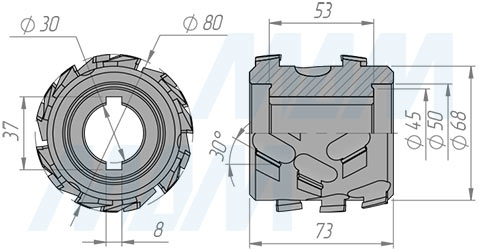 Размеры фрезы алмазной фуговальной 0x30xH65xZ3x6/S (артикул 6640018029)