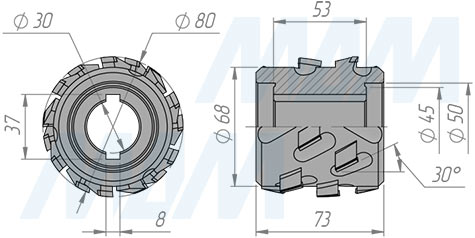 Размеры фрезы алмазной фуговальной 80x30xH64,6xZ3x6/AS/LH (артикул 6640018033L)