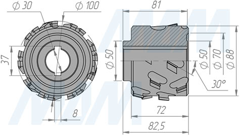 Размеры фрезы алмазной фуговальной 100x30xH65xZ3x6/AS/RH (артикул 6640018035R)