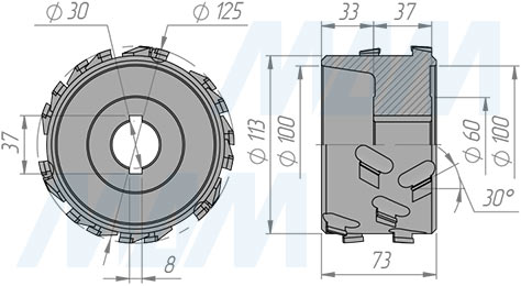 Размеры фрезы алмазной фуговальной 125x30xH65xZ3x6/AS/RH (артикул 6640018038R)
