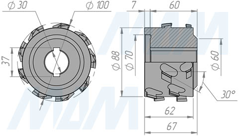 Размеры фрезы алмазной фуговальной 100x30xH55xZ3x6/AS/RH (артикул 6640018040R)
