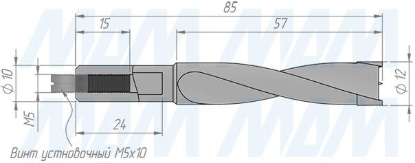 Размеры глухого сверла, D=12мм, L=85мм, RH (артикул 8010485)