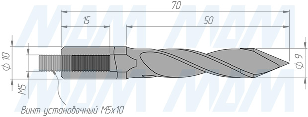 Размеры сквозного сверла, D=9мм, L=70мм, RH (артикул 8010570)