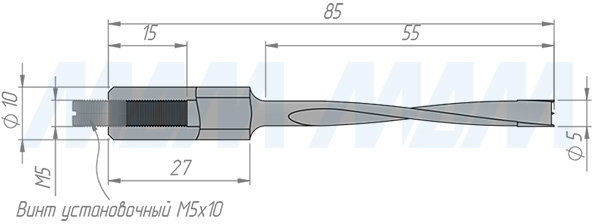 Размеры глухого сверла, D=5мм, L=85мм, RH (артикул 8010685)