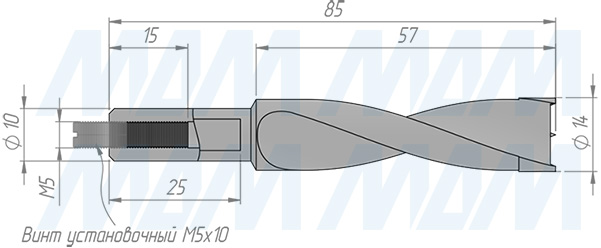 Размеры глухого сверла, D=14мм, L=85мм, RH (артикул 8010785)