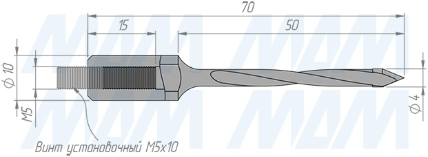 Размеры сквозного сверла, D=4мм, L=70мм, RH (артикул 8010970)