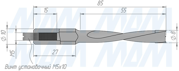 Размеры глухого сверла, D=8мм, L=85мм, LH (артикул 8020185)