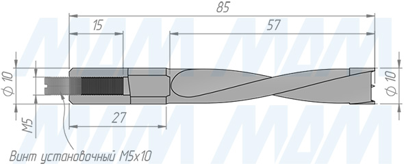 Размеры глухого сверла, D=10мм, L=85мм, LH (артикул 8020385)