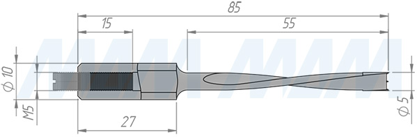 Размеры глухого сверла, D=5мм, L=85мм, LH (артикул 8020685)