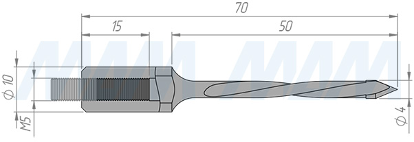 Размеры сквозного сверла, D=4мм, L=70мм, LH (артикул 8020970)