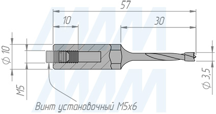 Размеры глухого сверла, D=3,5мм, L=57мм, RH серии Standard (артикул 9010257)