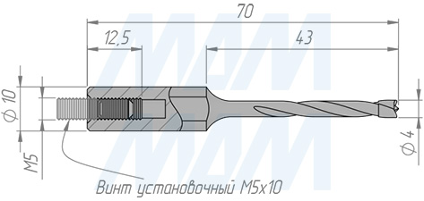 Размеры глухого сверла, D=4мм, L=70мм, RH, серии Standard (артикул 9010370)