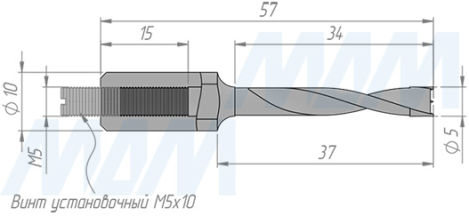 Размеры глухого сверла, D=5мм, L=57мм, RH (артикул 9010657)