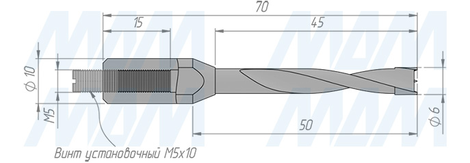 Размеры глухого сверла, D=6мм, L=70мм, RH (артикул 9010870)