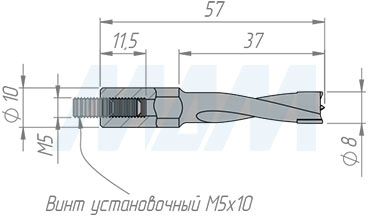 Размеры глухого сверла, D=8мм, L=57мм, RH (артикул 9011457)