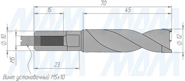 Размеры глухого сверла, D=12мм, L=70мм, RH (артикул 9012470)