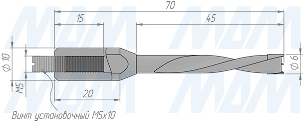 Размеры глухого сверла, D=6мм, L=70мм, LH (артикул 9020870)