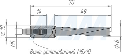 Размеры глухого сверла, D=8мм, L=70мм, LH (артикул 9021470)