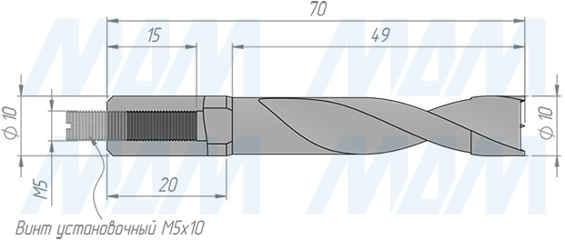 Размеры глухого сверла, D=10мм, L=70мм, LH (артикул 9021970)
