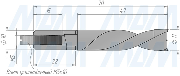 Размеры глухого сверла, D=11мм, L=70мм, LH (артикул 9022270)