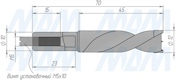 Размеры глухого сверла, D=12мм, L=70мм, LH (артикул 9022470)