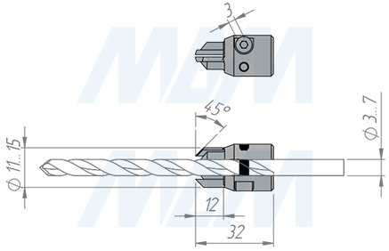 Размеры зенкера для свёрл d=3-7мм, D=11-15мм, L=32мм, B=12мм, вращение правое (артикул A199.030.R)