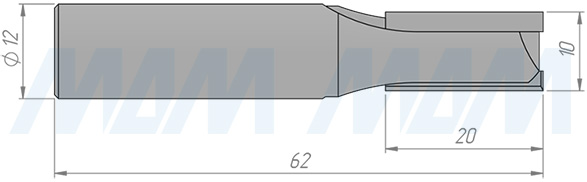 Размеры концевой пазовой фрезы D=10, H=20, S=12, Z=2 (артикул C101-10-20S12)
