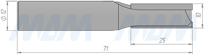 Размеры концевой пазовой фрезы D=10, H=25, S=12, Z=2 (артикул C101-10-25S12)