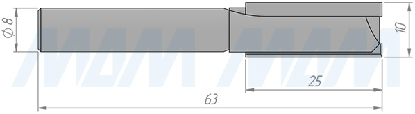 Размеры концевой пазовой фрезы D=10, H=25, S=8, Z=2 (артикул C101-10-25S8)
