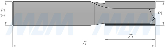 Размеры концевой пазовой фрезы D=12, H=25, S=12, Z=2 (артикул C101-12-25S12)
