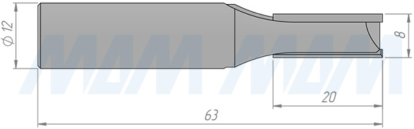 Размеры концевой пазовой фрезы D=8, H=20, S=12, Z=2 (артикул C101-8-20S12)