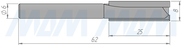 Размеры концевой пазовой фрезы D=8, H=25, S=6, Z=2 (артикул C101-8-25S6)