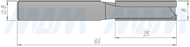 Размеры концевой пазовой фрезы D=8, H=25, S=8, Z=2 (артикул C101-8-25S8)