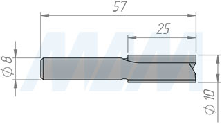 Размеры фрезы концевой пазовой D=10мм, L=57мм, B=25мм, Z=2 (артикул C102.100.R)